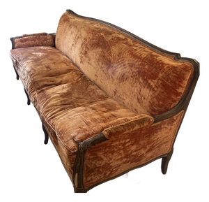 Vintage French Provincial Sofa in Rich Copper Crushed Velvet With Carved Wood Details and Cabriole Legs. Elegant, Warm, and Timeless.