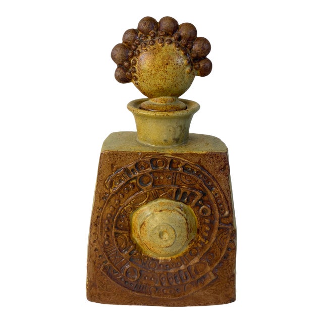 Sculptural Studio Pottery Earthenware Vessel With Organic Figural Stopper For Sale