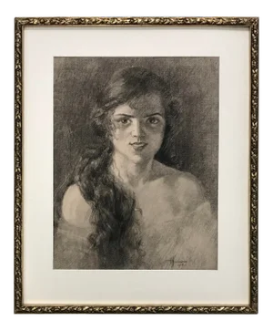 Antique Large Original Art Nouveau Drawing Portrait of a Woman 1913