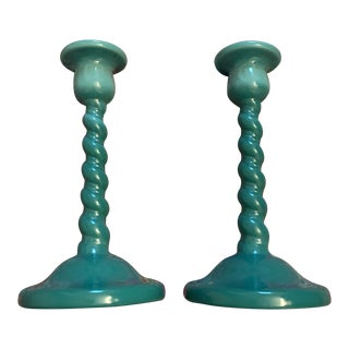 1940s Tiffin Teal Green Twist Glass Candlestick Holders a Pair For Sale