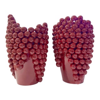 Post-Modern Italian Pair of Sculptural Ceramic Dark Wine Vases With Grapevine Decor For Sale