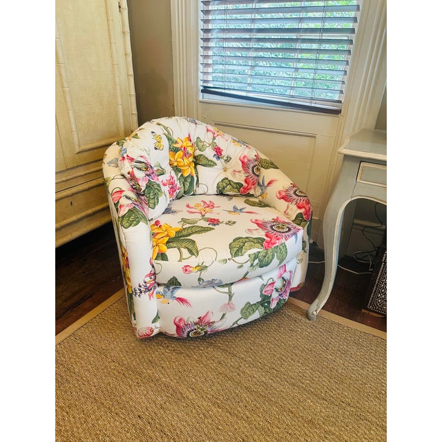 Brunschwig & Fils Vintage Swivel Chair Reupholstered in Brunswick and Fils Fabric For Sale - Image 4 of 8