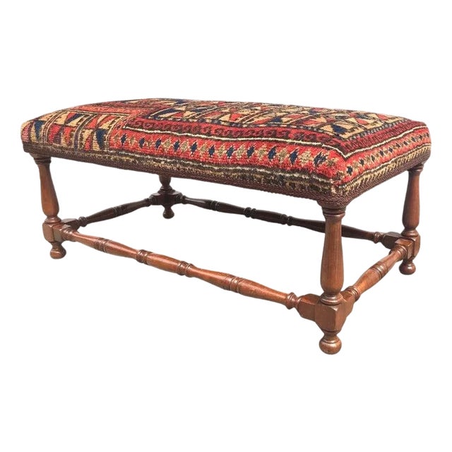 Turned Leg Wooden Bench Covered With Antique Belochistan Oriental Prayer Rug For Sale