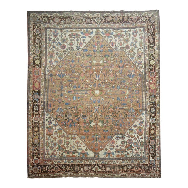 Oversize Brown Color Antique Persian Heriz Serapi Rug - 12'4" x 17'9" For Sale