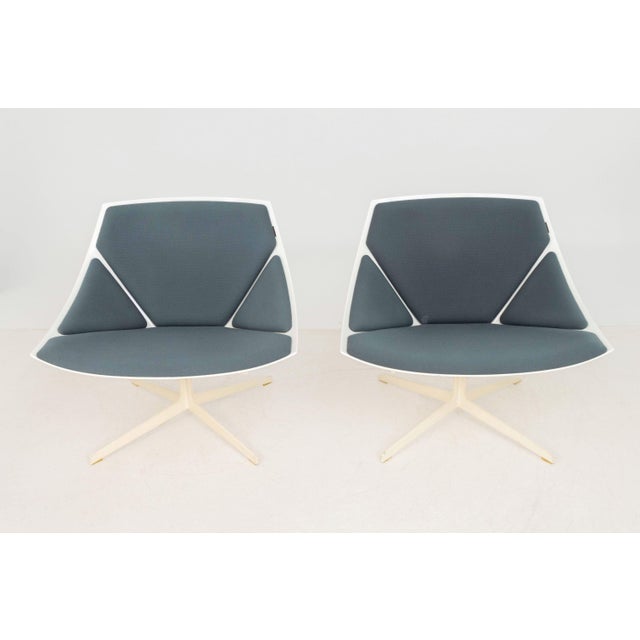 Pair of Markus Jehs and Jurgen Laub for Fritz Hansen "Space" Lounge Chairs, blue upholstered molded white plastic seats on...