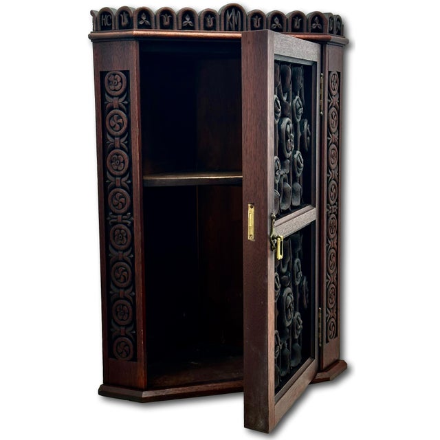 Outstanding Antique Beautifully Hand Carved Solid Mahogany Wall Hanging Corner Cabinet - Signed & Dated 1900 For Sale In Boston - Image 6 of 18