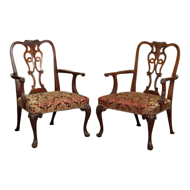 Vintage Georgian Style Custom Carved Mahogany Armchairs - A Pair For Sale