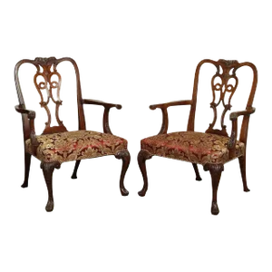 Vintage Georgian Style Custom Carved Mahogany Armchairs - A Pair