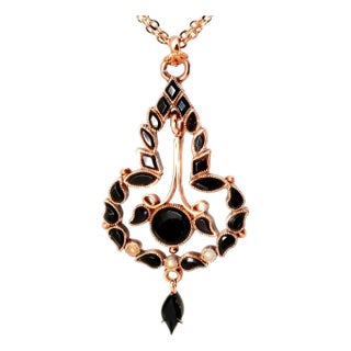 1970s 14K Pink Rose Gold Black Onyx Seed Pearl Mourning Pendant Slide For Sale
