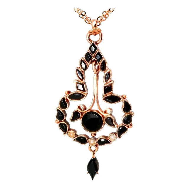 1970s 14K Pink Rose Gold Black Onyx Seed Pearl Mourning Pendant Slide For Sale