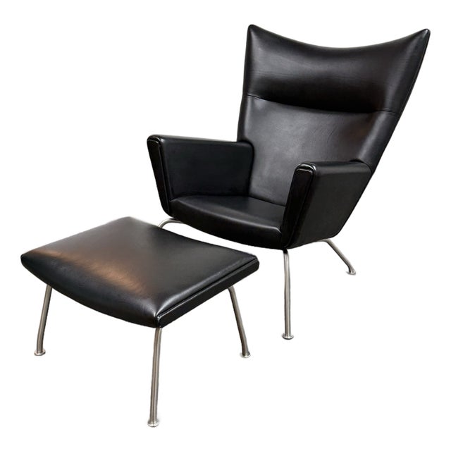 Hans Wegner for Carl Hansen & Son Thor Black Leather Ch445 Lounge Chair & Ch446 Footrest Set For Sale