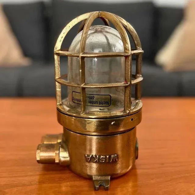 Early 20th Century Wiska Brass Cage Ship Ceiling Light With Two Side Conduits For Sale - Image 6 of 12