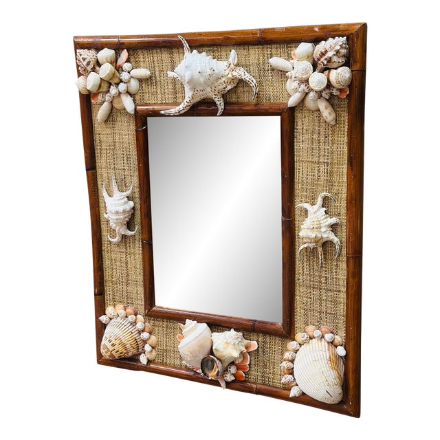 Vintage Rattan and Shell Mirror For Sale