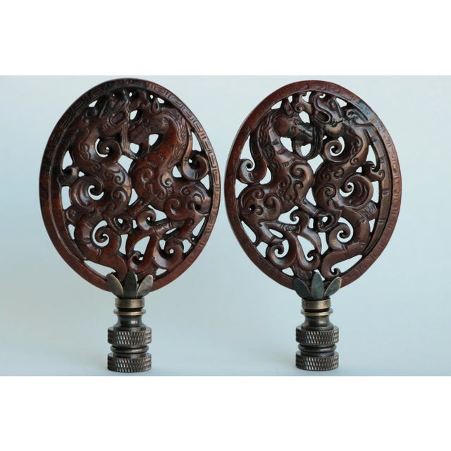 Oval Chinoiserie Carved Stone Lamp Finials on Bronze - a Pair For Sale - Image 4 of 4