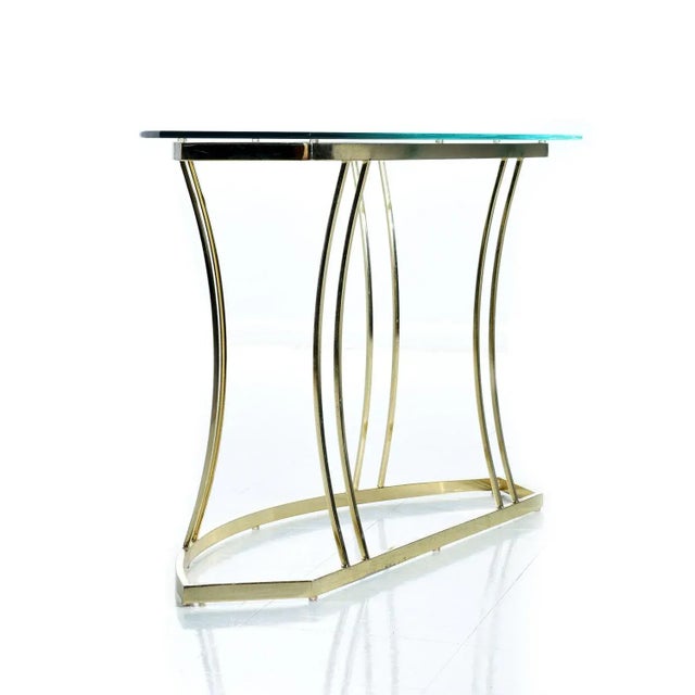 Metal Curved 1970s Gold Brass Colored Sofa Table Console With Glass Top For Sale - Image 7 of 12