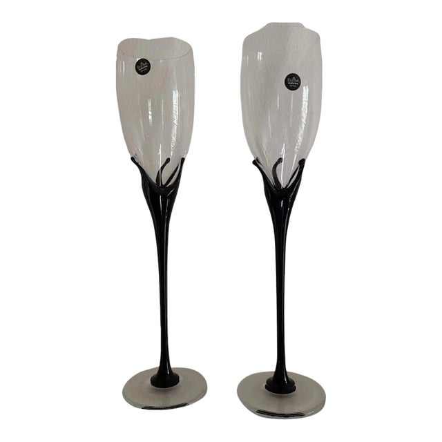 Pair of Vintage Rosenthal Studio Line Champagne Flutes Black Crown (with Boxes) For Sale