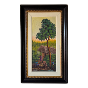 Rony Millien Haitian Folk Art – Countryside Life Oil on Canvas Painting, Framed