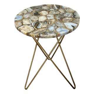 Brazilian Natural Agate Inlay Round Accent Table For Sale