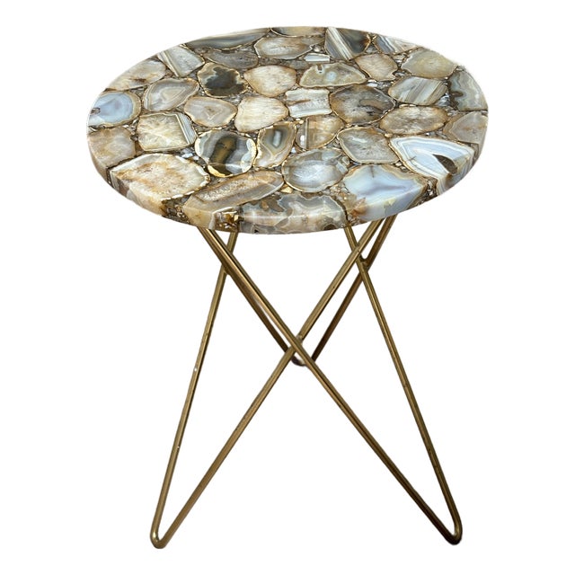 Brazilian Natural Agate Inlay Round Accent Table For Sale