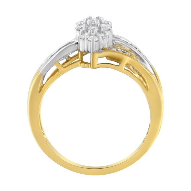 Contemporary 10K Yellow and White Gold 1/2 Cttw Diamond Marquise Shaped Cluster Split Shank Ring (H-I Color, SI2-I1 Clarity) - Size 6 For Sale - Image 3 of 6