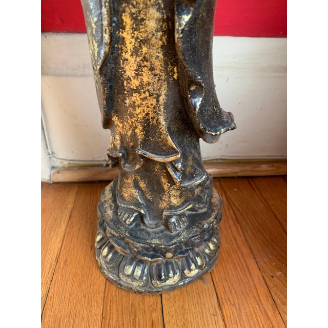Quan Yin on Lotus Flower Caste Iron Gold Leafed Statue For Sale - Image 4 of 13
