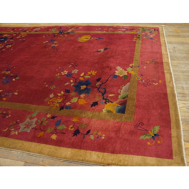 Textile Stunning Red-Raspebery Background Color With Colorful Floral Design Antique Chinese Art Deco Rug For Sale - Image 7 of 10