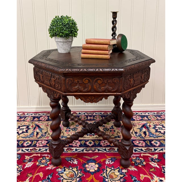 Antique French Octagonal Table Renaissance Revival Barley Twist Oak 24.5"t 19thC For Sale In Dallas - Image 6 of 18