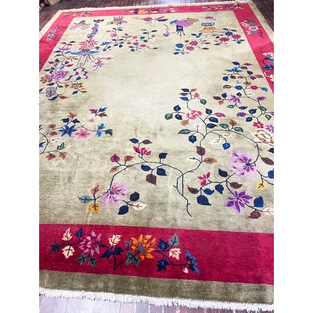 Green Antique Chinese Art Deco Carpet, 8'10" × 11'8" For Sale - Image 8 of 10