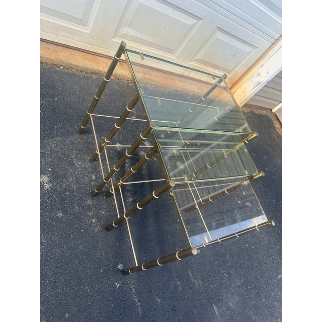 Brass Maison Baguès Style Brass Faux Bamboo Glass Nesting Tables – Hollywood Regency Mid-Century Set of 3 For Sale - Image 8 of 12