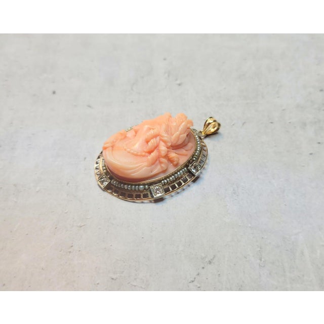Antique Carved Coral Gold Cameo With Pearl and Diamonds For Sale - Image 4 of 9