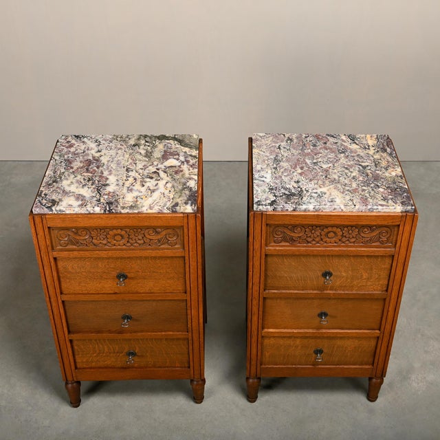Wood French Art Deco Nightstands in Oak and Marble, 1930s, Set of 2 For Sale - Image 7 of 18