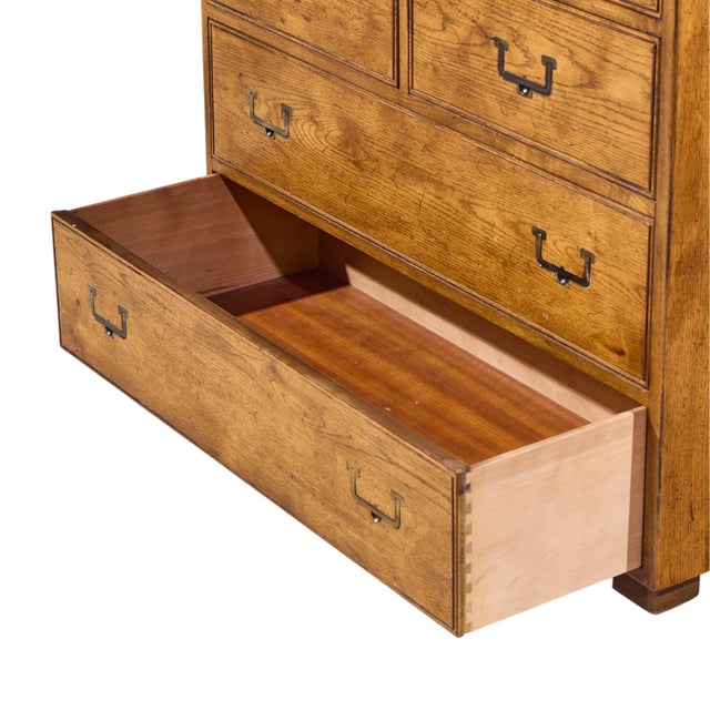 Henredon Campaign Mid Century Oak and Brass Highboy Dresser Armoire For Sale - Image 9 of 10