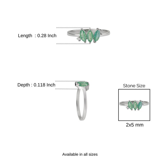 Handmade Three Stone Marquise Emerald & Diamond Ring in 925 Silver Size 5 For Sale - Image 11 of 14
