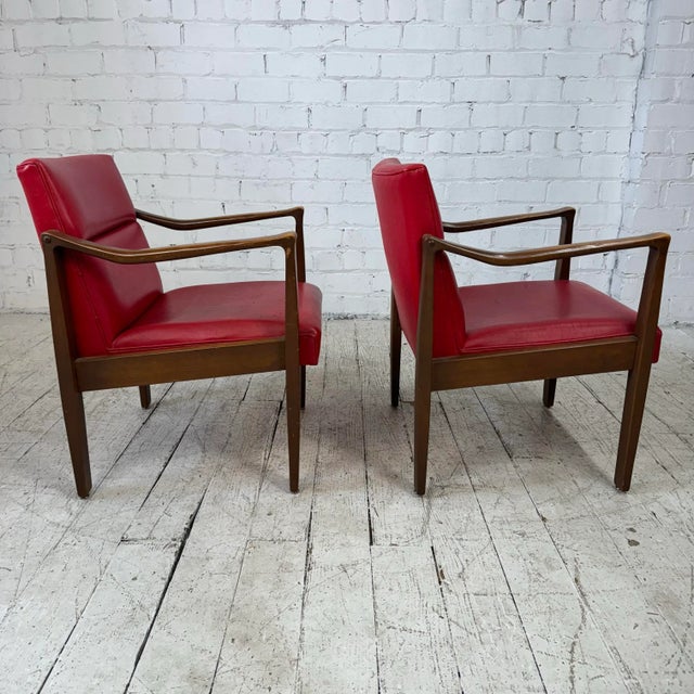 Mid 20th Century Mid Century Modern Pair of Red Vinyl Arm Chairs For Sale - Image 5 of 11