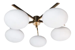 Brass and Glass Five-Arm Globe Flush Mount Chandelier