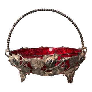Antique Victorian Silver Plate Fruit Filigree Basket With Ruby Glass Insert For Sale