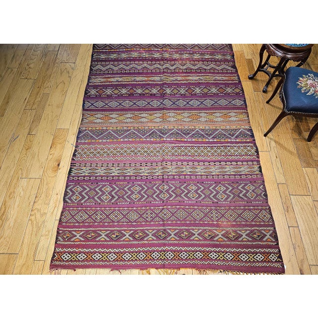 Moroccan Vintage Moroccan Tribal Kilim, Handwoven Wool, Stripe Geometric Pattern, Purple & Yellow, 6x10 For Sale - Image 3 of 17