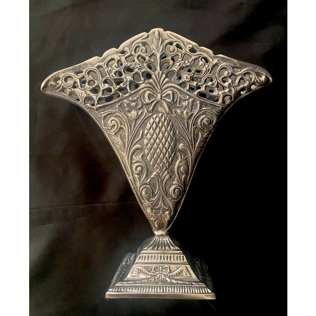 Vintage Ornate Fan Vase, Art Nouveau-Style Scrollwork, a Reticulated Top Edge, and a Central Pineapple Motif. For Sale - Image 15 of 15