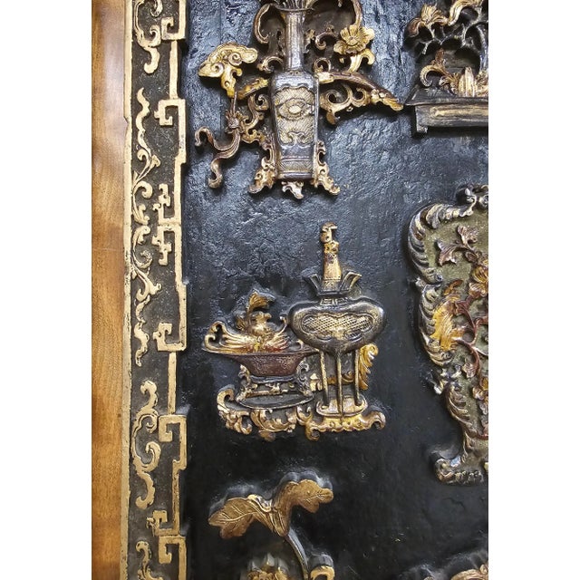 Chinese Chinese Parcel Gilt, Ebonized and Decorated Wood Wall Hanging Plaque For Sale - Image 3 of 9