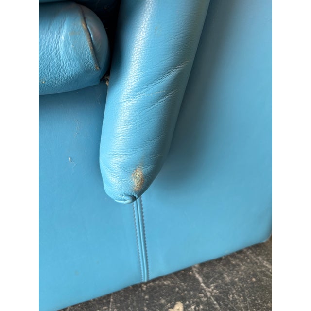 Cerulean Vintage Postmodern Italian Nicoletti Attrb Blue Leather Sofa For Sale - Image 8 of 12