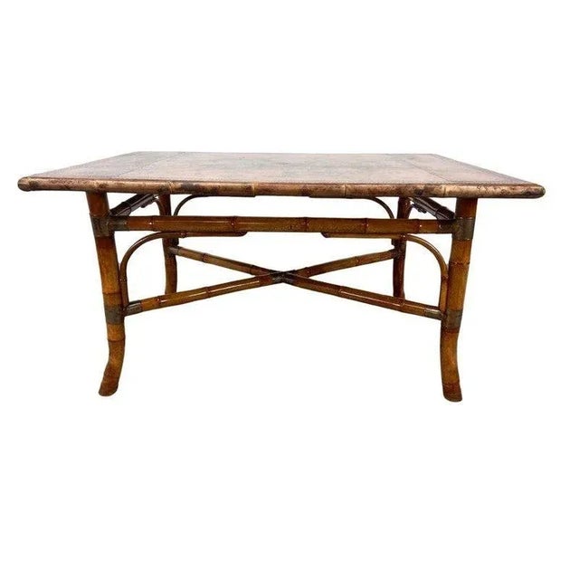 Rustic Tooled Leather Rectangular Bamboo Center Table For Sale - Image 3 of 3