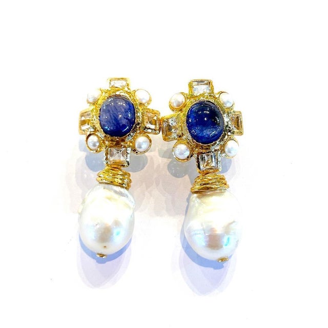 Bochic "Capri" Vintage Sapphire, Topaz & Pearl Earrings Set In 18K Gold & Silver, A Pair For Sale - Image 4 of 18
