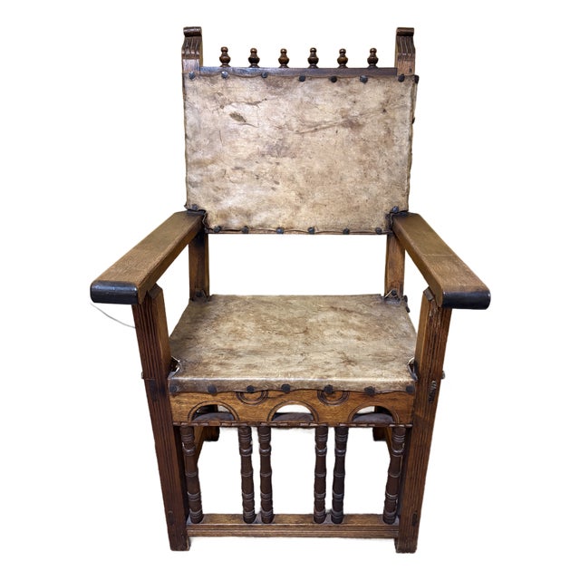17th Century Baroque Oak/Leather Armchair For Sale