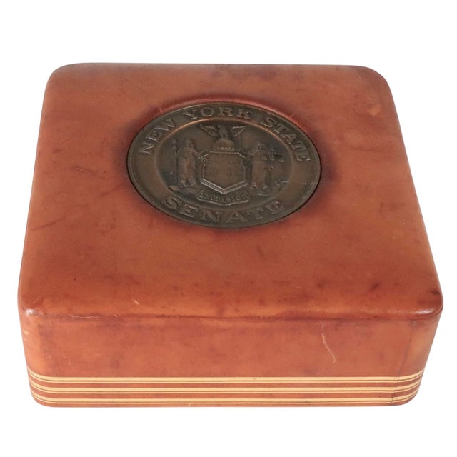 New York State Desk Organizer Paperweight Leather With Bronze Medallion C. 1930/40's For Sale - Image 10 of 11
