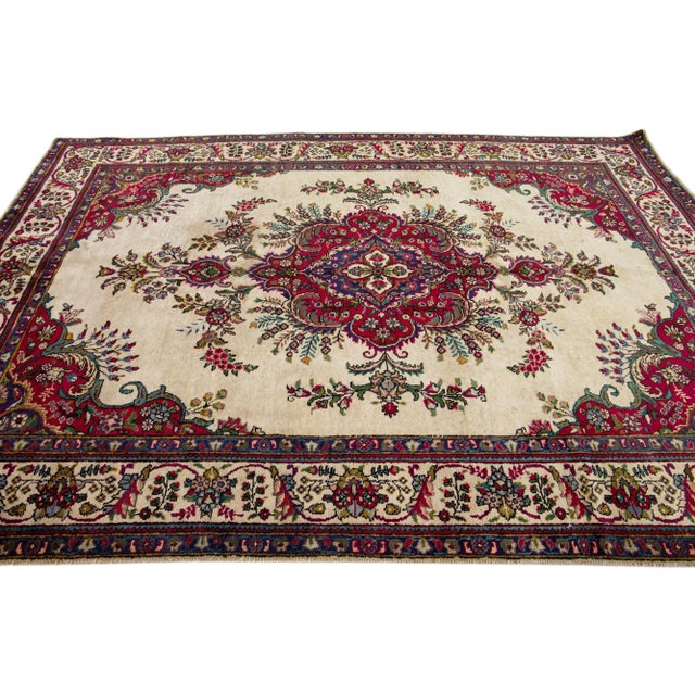 1960s 1960s Vintage Persian Tabriz Handmade Medallion Beige Wool Rug For Sale - Image 5 of 7