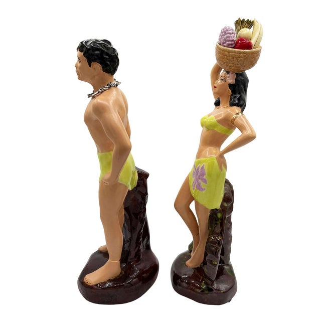 Mid 20th Century Hand Painted Hawaiian Hula Girl & Male Surfer Ceramic Statue Set For Sale - Image 4 of 9