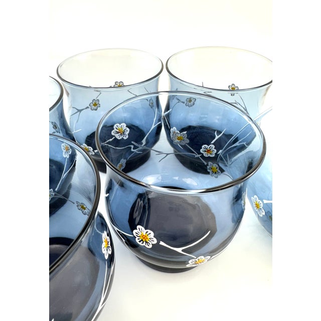 Vintage Organic Modern Blue Glass Floral Tumblers Hand Painted Cocktail Glasses - Set of 8 For Sale - Image 10 of 11