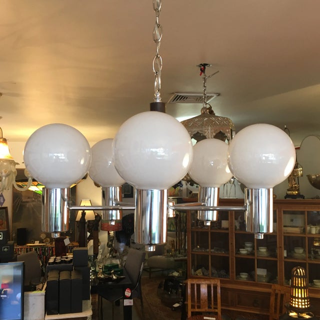 Chrome 1970s Vintage Chrome and Wood 5 Socket Hanging Light Fixture For Sale - Image 8 of 8