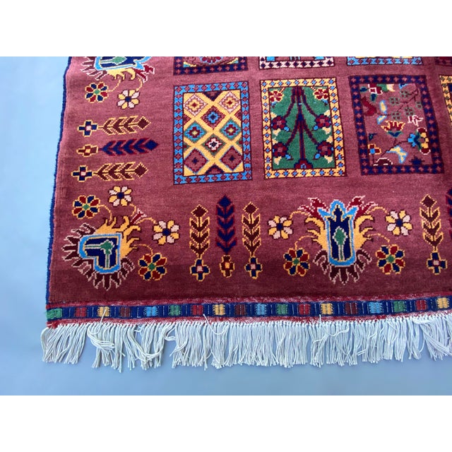 2000 - 2009 5′0″ × 6′10″ Hand‑Knotted Afghan Wool Rug in Rust, Green & Yellow — Tribal‑Geometric Turkoman‑Derived Design For Sale - Image 5 of 8