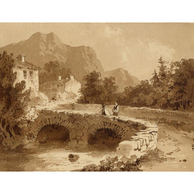An original early 19th-century watercolour painting – Attrib. William Page, Figures on a Stone Bridge.A fine drawing in...